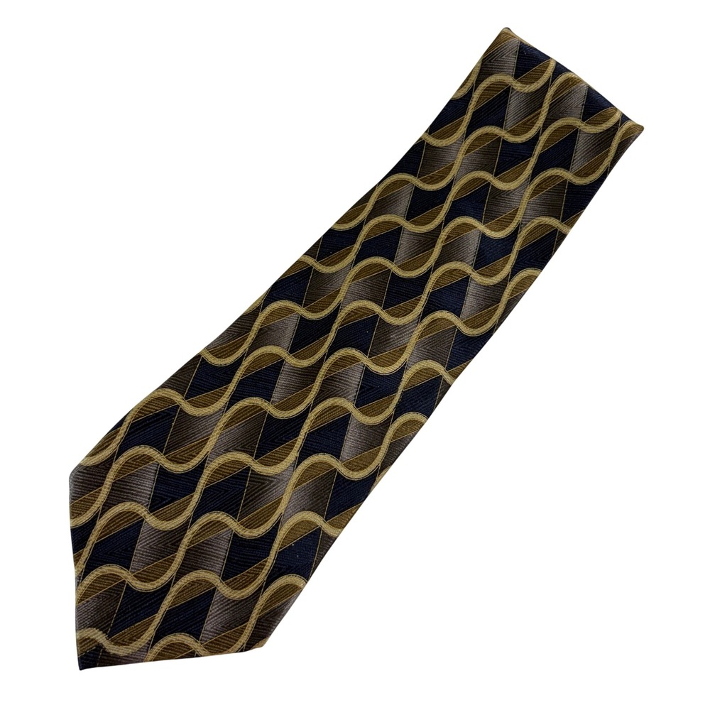 Vintage Arden Cravats Silk Tie Navy Gold Brown Wavy Geometric 90s Power Tie
